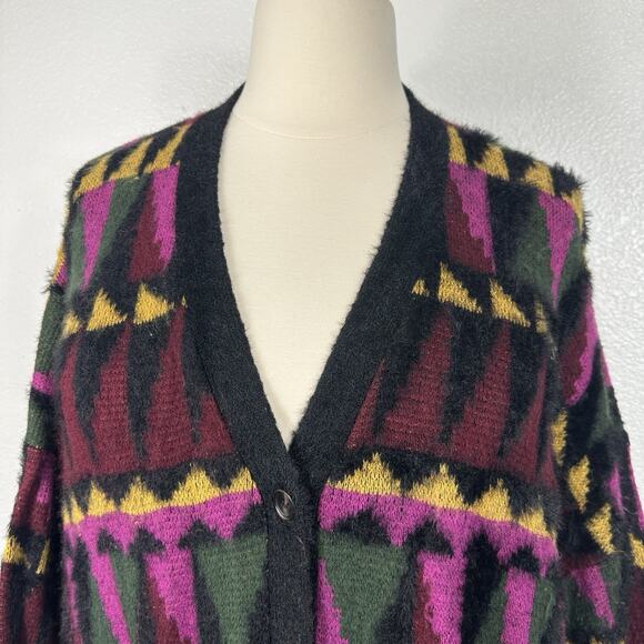 ModCloth Sweater Women 2X Multicolor Geometric Fuzzy Grandpa Boho Long Cardigan - Picture 5 of 15